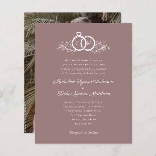 Budget Minimalist Mauve foto bruiloft uitnodiging (Voorkant / Achterkant)