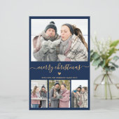Budget Minimalist Navy Goud 4 Foto Kerstkaart (Staand voorkant)