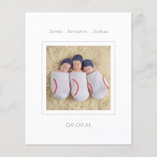 Budget minimalist Triplet Foto geboorteaankondigin (Voorkant)