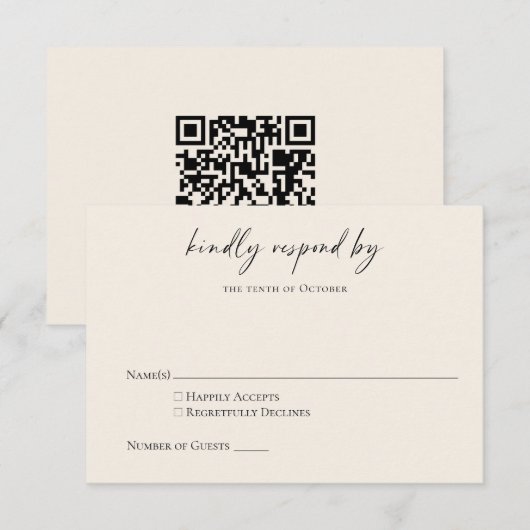 Budget Minimalist Zwart Ivoor Moderne Script RSVP Notitiekaartje (Voorkant / Achterkant)