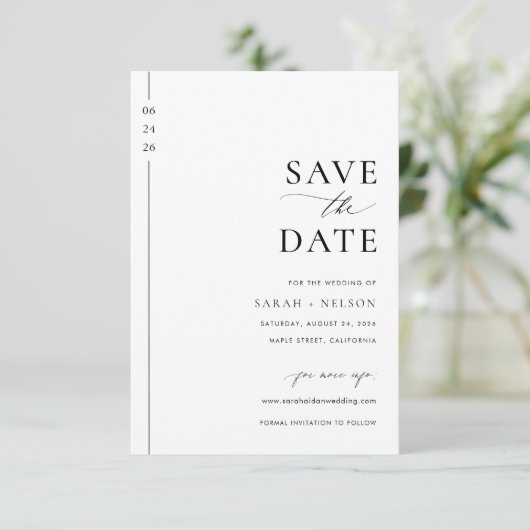 Budget Minimalist Zwart-wit bruiloft Save The Date (Staand voorkant)