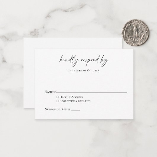 Budget minimalist zwart-wit, modern script RSVP Notitiekaartje (Voorkant / Achterkant in situ)