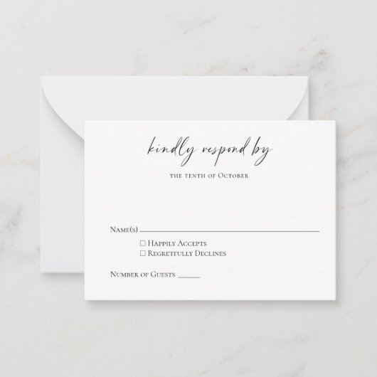 Budget minimalist zwart-wit, modern script RSVP Notitiekaartje (Voorkant)