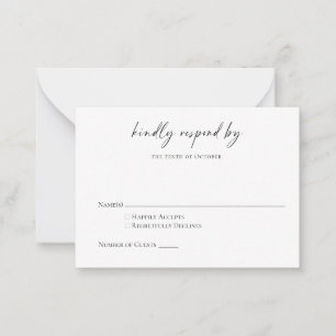 Budget minimalist zwart-wit, modern script RSVP Notitiekaartje