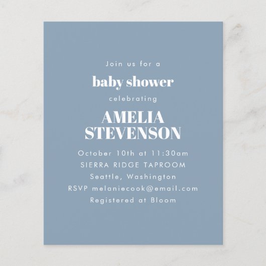 Budget Minimalistisch Baby shower Dusty Blue Invit (Voorkant)