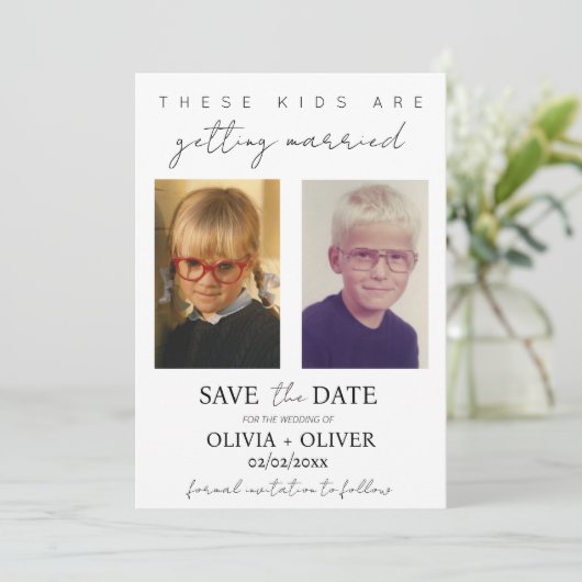 Budget, minimalistisch deze kinder gaan trouwen save the date (Staand voorkant)