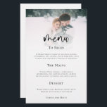 Budget minimalistisch menu van de Berichten van he<br><div class="desc">Budget Minimalistisch Fotoscript Trouwmenu. Een GROTER formaat van 5, 5 inch x 8, 5 inch voor een voordelige prijs. Een elegant ontwerp met je foto tot aan de bovenrand achter een gegradueerde tintlaag met de tekst deels bovenop je afbeelding aan de onderkant. De hoofdkop bevindt zich in een vet ingesteld...</div>
