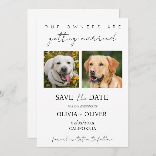 Budget, minimalistisch, schattig aangepaste hond f save the date (Voorkant / Achterkant)