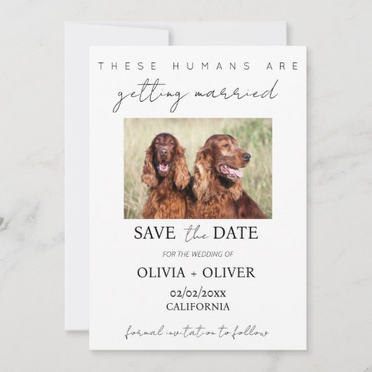 Budget, minimalistisch, schattig aangepaste hond f save the date (Voorkant)
