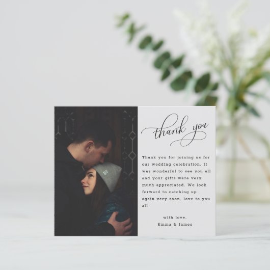 Budget minimalistisch script bruiloft Foto bedankt (Staand voorkant)