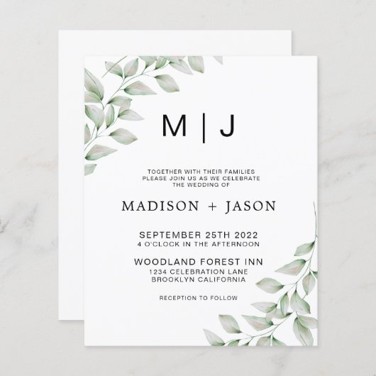 BUDGET Minimalistisch vet groen monogram bruiloft (Voorkant / Achterkant)