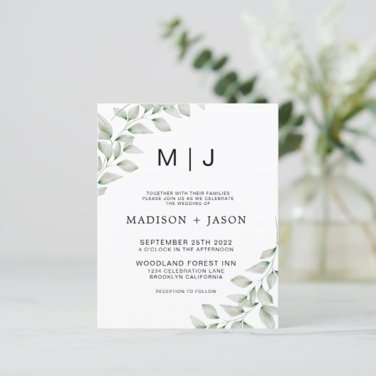 BUDGET Minimalistisch vet groen monogram bruiloft (Staand voorkant)