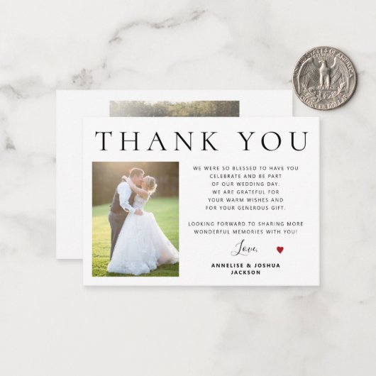 Budget minimalistische fotobruiloft bedankt KLEINE Notitiekaartje (Voorkant / Achterkant in situ)