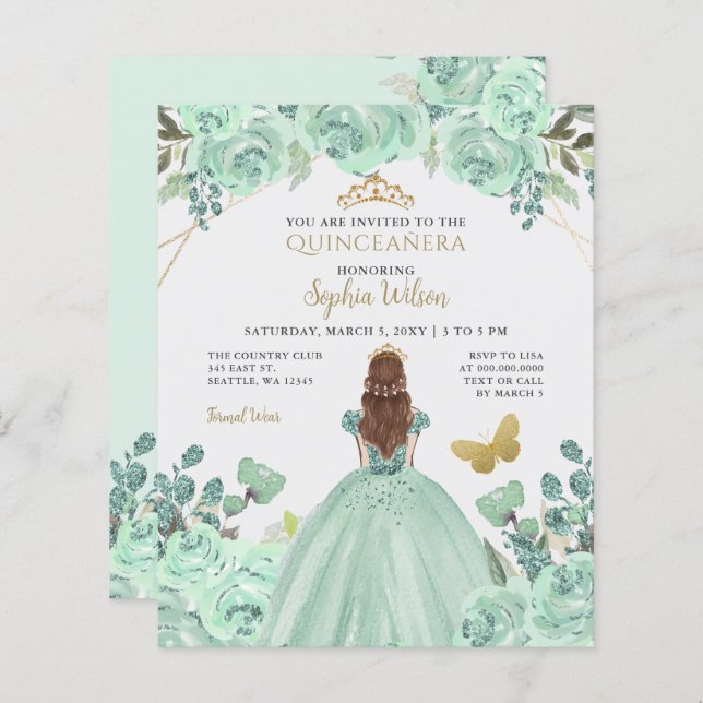 Budget Mint Gold Prinses Quinceañera Uitnodiging (Voorkant / Achterkant)