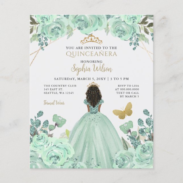 Budget Mint Gold Prinses Quinceañera Uitnodiging (Voorkant)