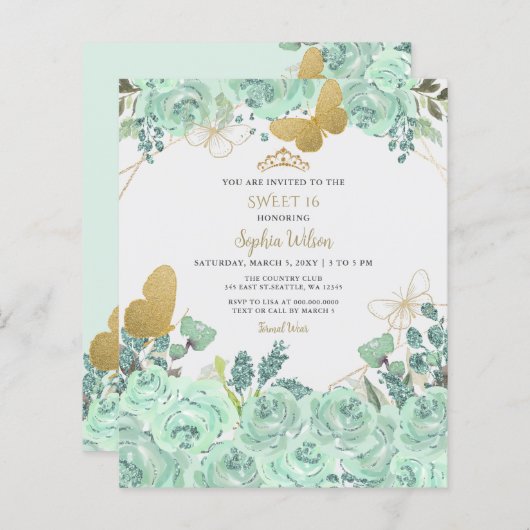 Budget Mint Goud Bloemen Vlinder Zoet 16 Invite (Voorkant / Achterkant)