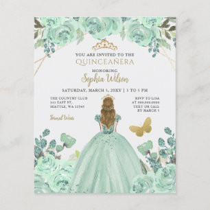 Budget Mint Goud Princess Quinceañera Uitnodiging