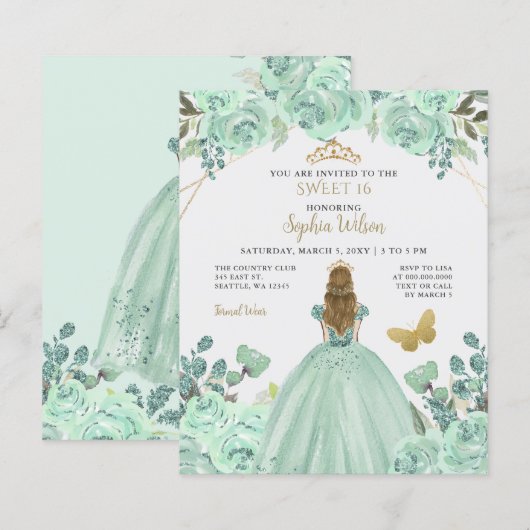 Budget Mint Goud Prinses Sweet 16 Uitnodiging (Voorkant / Achterkant)