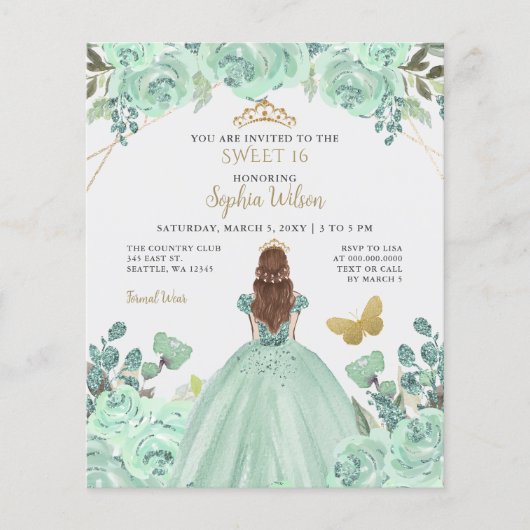 Budget Mint Goud Prinses Sweet 16 Uitnodiging (Voorkant)