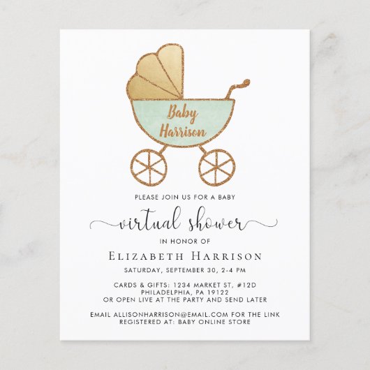 Budget Mint Green Virtual Baby shower Uitnodiging (Voorkant)