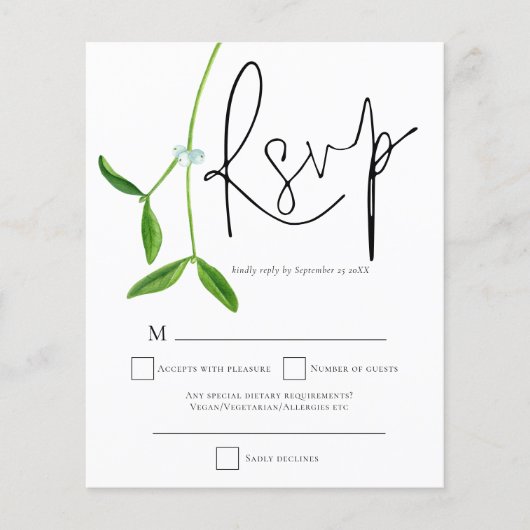 Budget Mistletoe Script kerstbruiloft RSVP (Voorkant)