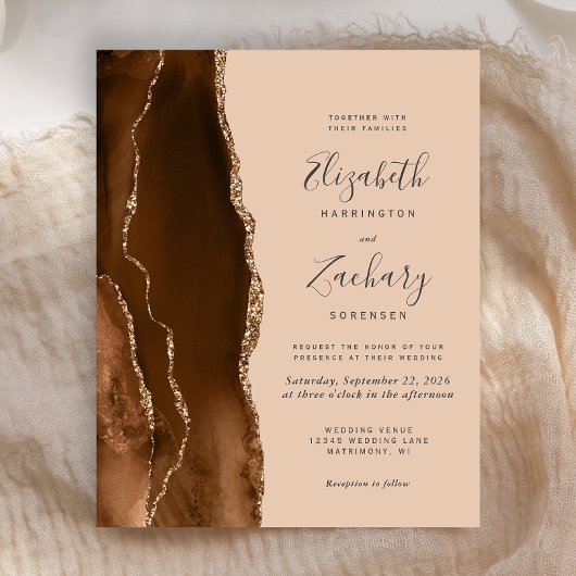 Budget Mocha Brown Gold Agate Tan Wedding Invite