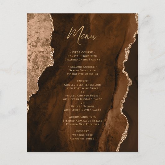 Budget Mocha Brown Gold Agate Wedding Menu (Voorkant)