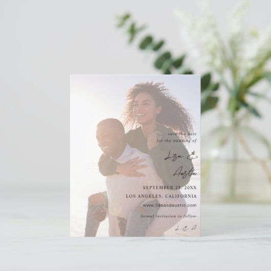 Budget MOD Calligrafie met Duo Photo Save the Date (Staand voorkant)