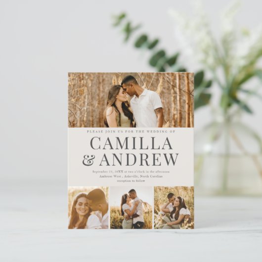 Budget Modern 4 Foto QR Code Bruiloft uitnodiging (Staand voorkant)