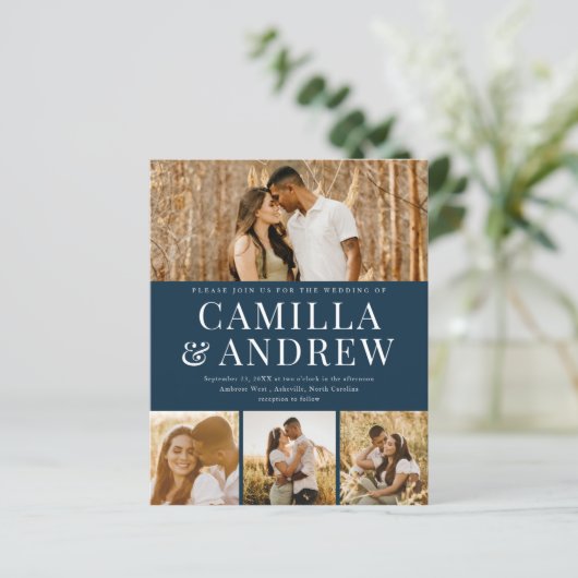 Budget Modern 4 Foto QR Code Bruiloft uitnodiging (Staand voorkant)