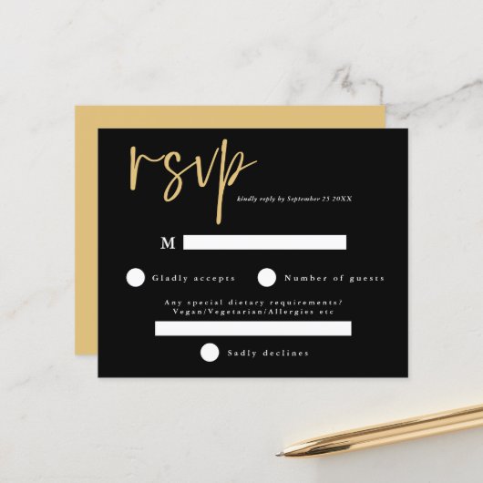 Budget Modern Black and Gold Wedding RSVP (Voorkant / Achterkant in situ)