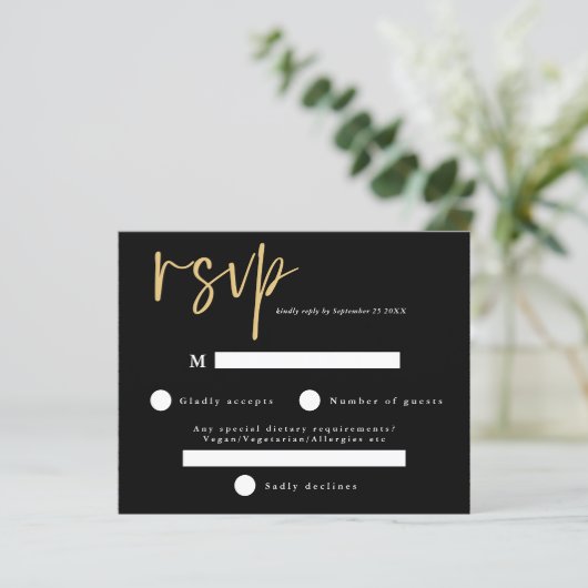 Budget Modern Black and Gold Wedding RSVP (Staand voorkant)