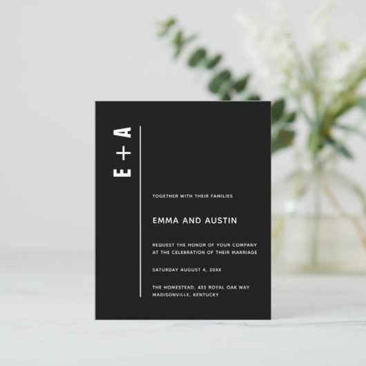 Budget Modern Black Bold Initialen Wedding Invite (Staand voorkant)