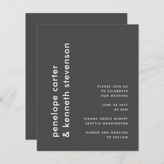 Budget Modern Black White Simple Wedding Invite (Voorkant / Achterkant)