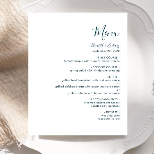 Budget Modern Blauwgroen Blue Script Wedding Menu