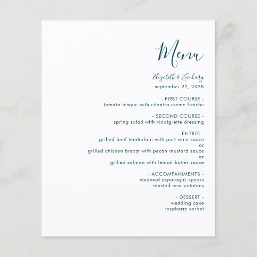 Budget Modern Blauwgroen Blue Script Wedding Menu (Voorkant)