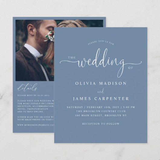 Budget Modern Boho Dusty Blue Foto Bruiloft Uitnod (Voorkant / Achterkant)