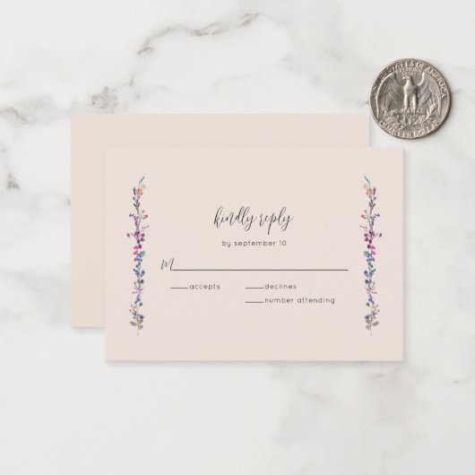 Budget Modern Boho Floral Wildflower RSVP-kaart Notitiekaartje (Voorkant / Achterkant in situ)