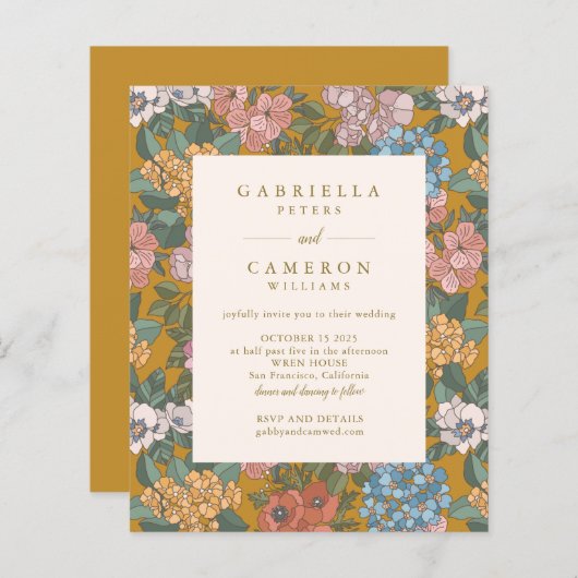 Budget Modern Boho Floral Yellow Wedding Invite (Voorkant / Achterkant)