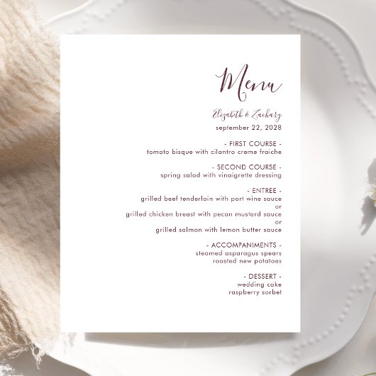 Budget Modern Bourgondië Script Trouwmenu