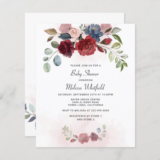 Budget Modern Burgundy Floral Greenery Baby shower (Voorkant / Achterkant)