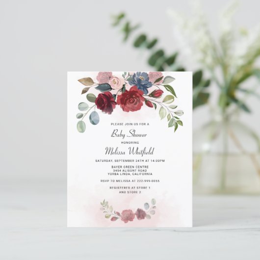 Budget Modern Burgundy Floral Greenery Baby shower (Staand voorkant)