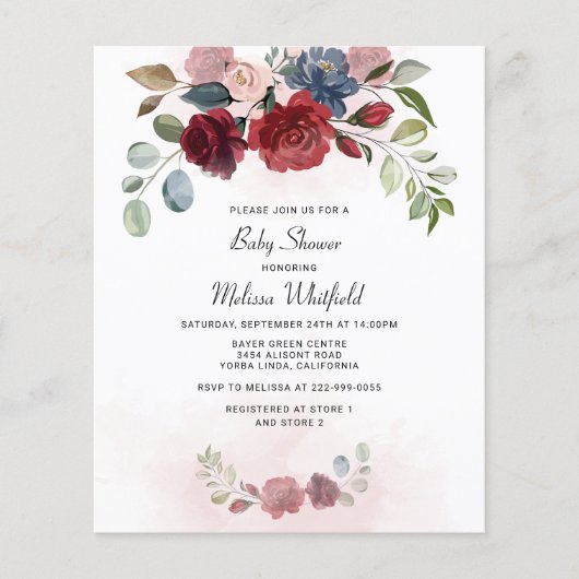 Budget Modern Burgundy Floral Greenery Baby shower (Voorkant)