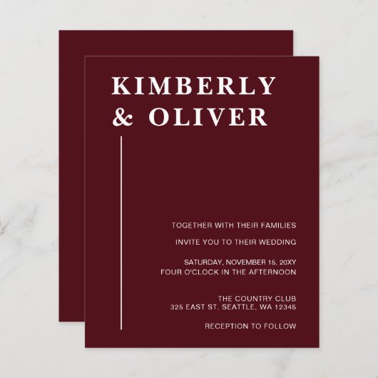 Budget Modern Burgundy Wedding Invitations (Voorkant / Achterkant)