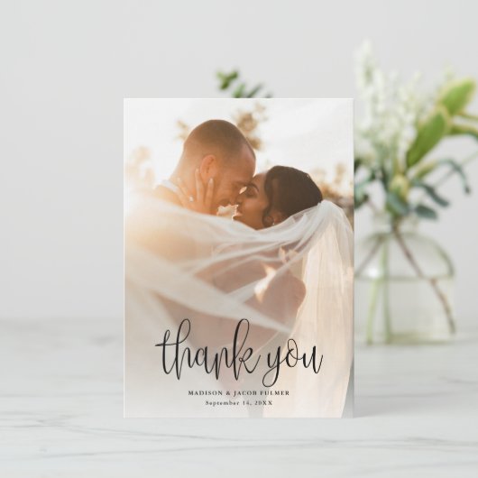 Budget Modern Calligrafiescript Weduwfoto Bedankkaart (Staand voorkant)