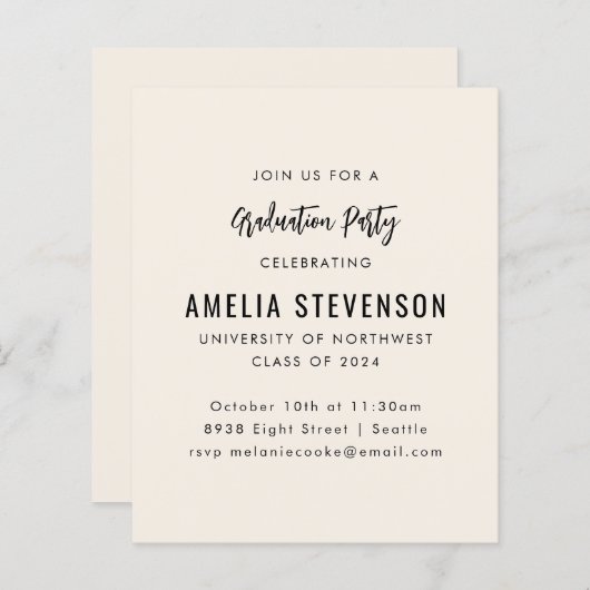 Budget Modern Cream Graduation Party Uitnodiging (Voorkant / Achterkant)