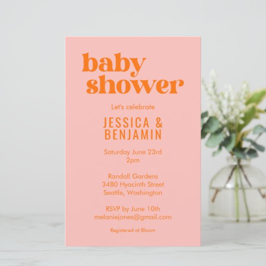 Budget Modern Cute Pink Orange Baby Shower Invite (Staand voorkant)