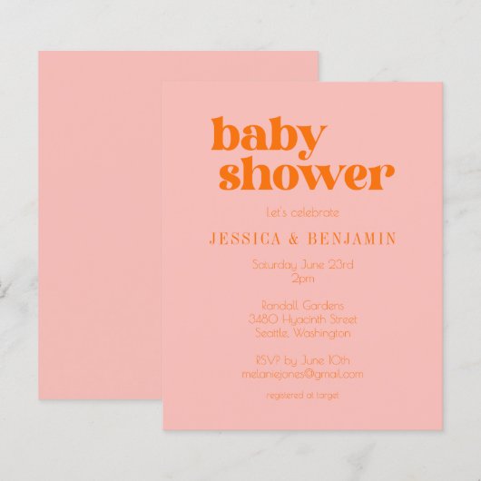 Budget modern Cute Pink Oranje Baby shower Uitnodi (Voorkant / Achterkant)