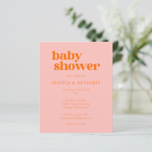 Budget modern Cute Pink Oranje Baby shower Uitnodi (Staand voorkant)