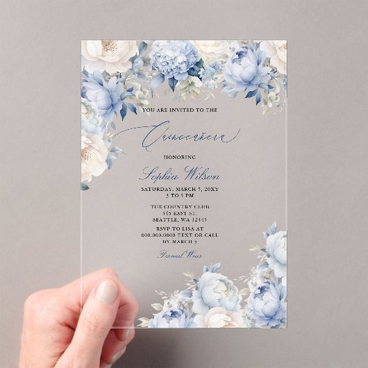Budget Modern Dusty Blue Floral Quinceañera Acryl Uitnodigingen (Insitu (Draagbaar))